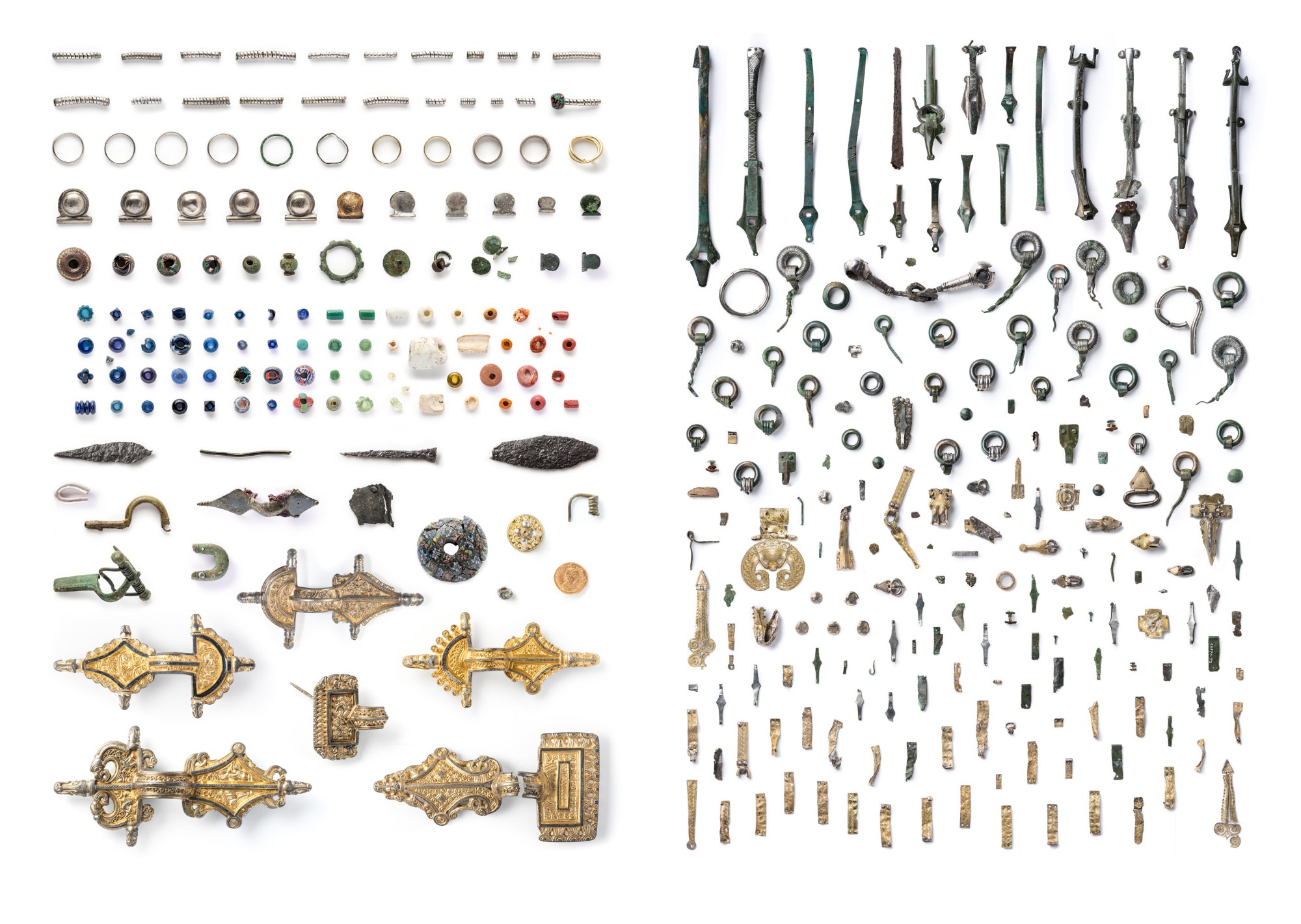 Two spreads of objects on white: brooches, beads and rings from Sandby borg on the left, mounts and rings of the Sösdala horse gear on the right