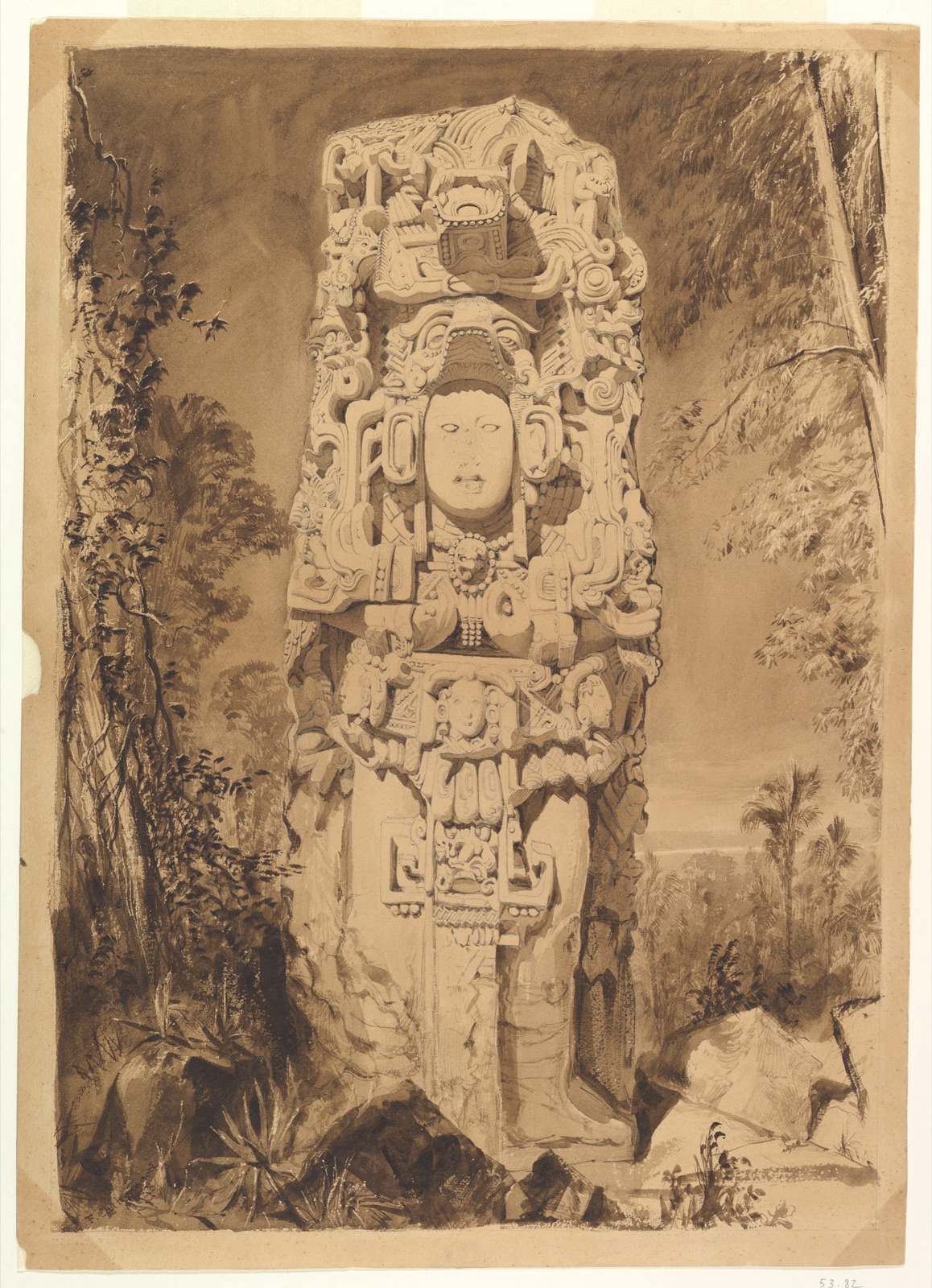 Catherwood's sepia drawing of a carved Maya stela at Copán, with a figure in a feathered headdress