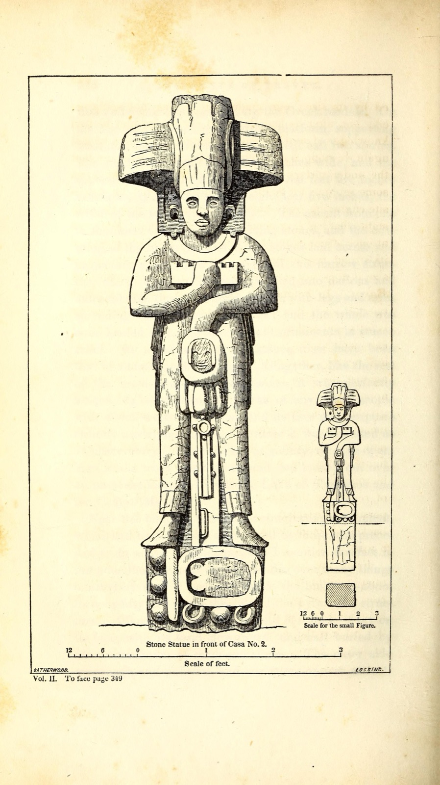 Engraving of a standing Maya stone statue beside a small figure, with a scale of feet beneath each