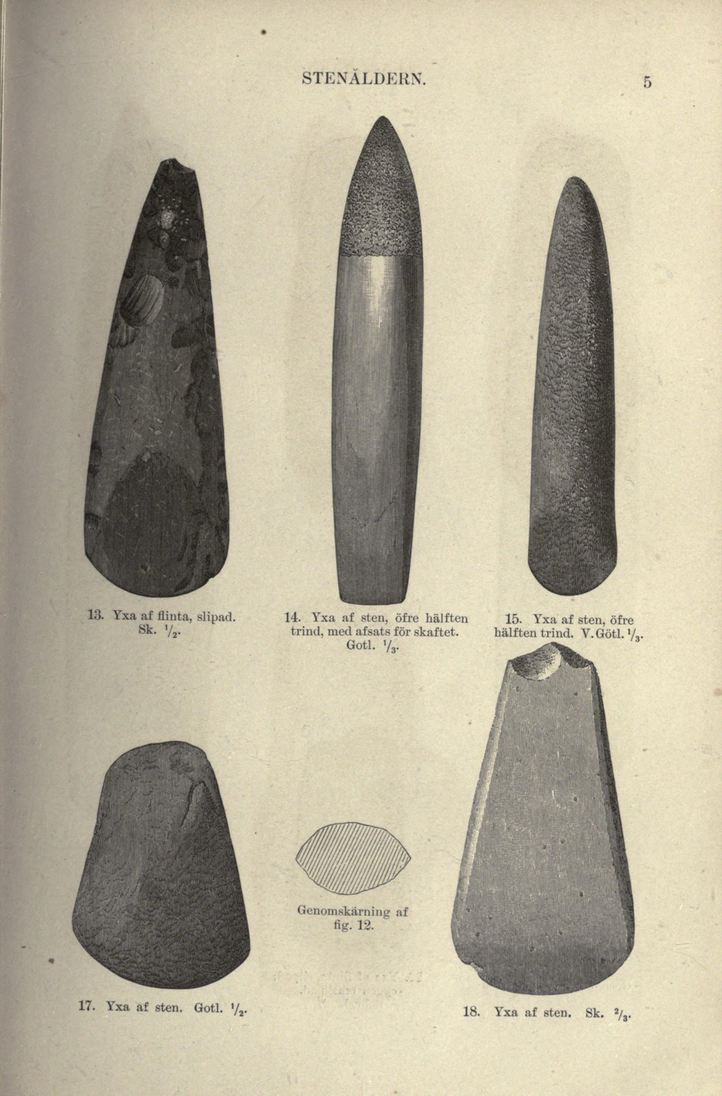 A catalogue page of stone axes drawn on wood, each with its reduction printed beneath