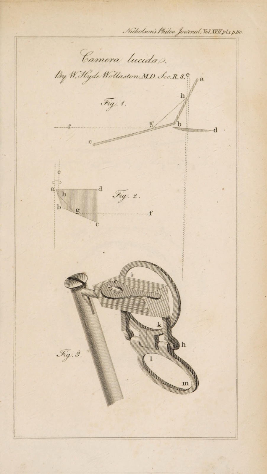 Wollaston's engraved plate of the camera lucida: a ray diagram, the prism, and the instrument on its stand