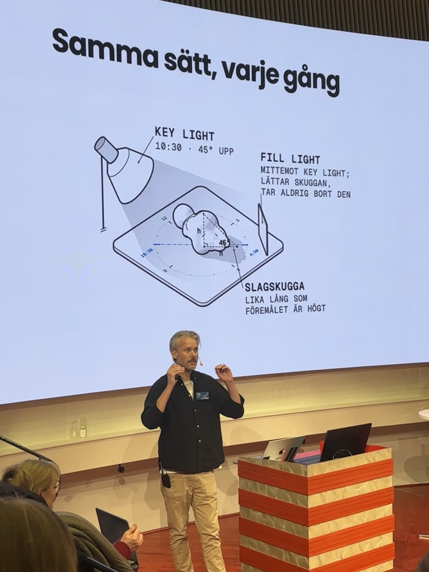 A lightning talk at Digikult in Uppsala: a speaker on stage before a large screen showing the PHOTARCH lighting set-up, with one key light at half past ten, 45 degrees up, a fill light opposite, and a cast shadow as long as the object is high