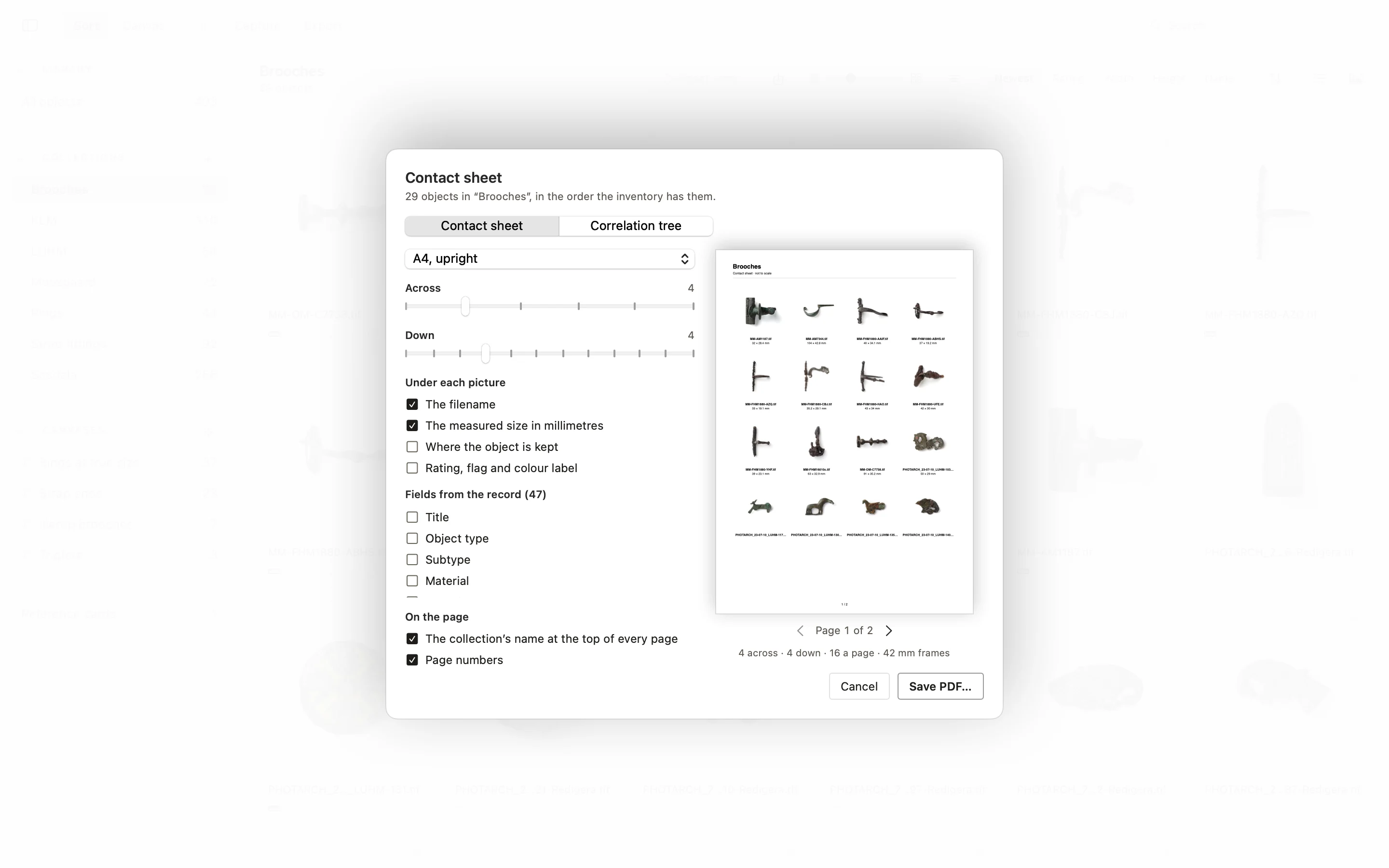 Contact sheet in the PHOTARCH app